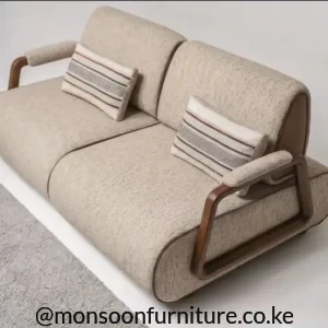 Beige 2 seater sofa with textured upholstery, brown wooden arms and two striped accent cushions.