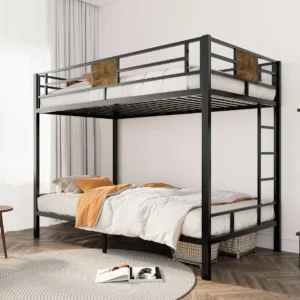 Black metal double decker bed with side ladder, upper guardrails, slatted platforms and wood-look accent panels