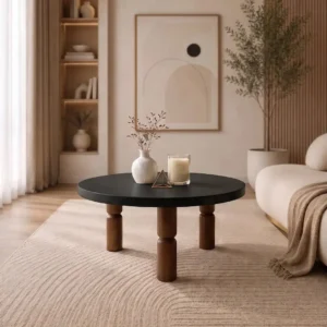 Black round coffee table with wood-tone cylindrical legs in a neutral modern living room