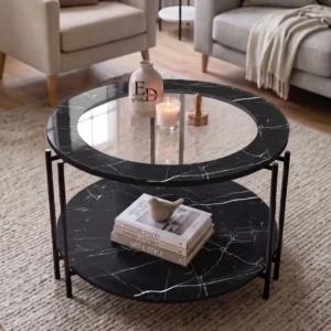 round two-tier living room table with marble-look surfaces and an open lower shelf