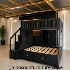 Black two-level bed with left staircase, upper guardrails, three visible drawers and a slatted lower platform.