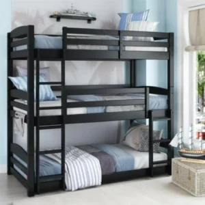 Black triple sleeper 4×6 bed with three stacked levels, side ladder and guardrails in a bedroom