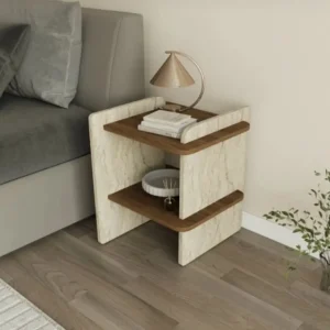 Brown open-shelf bedside table with light shelves, raised side panels and rounded front corners