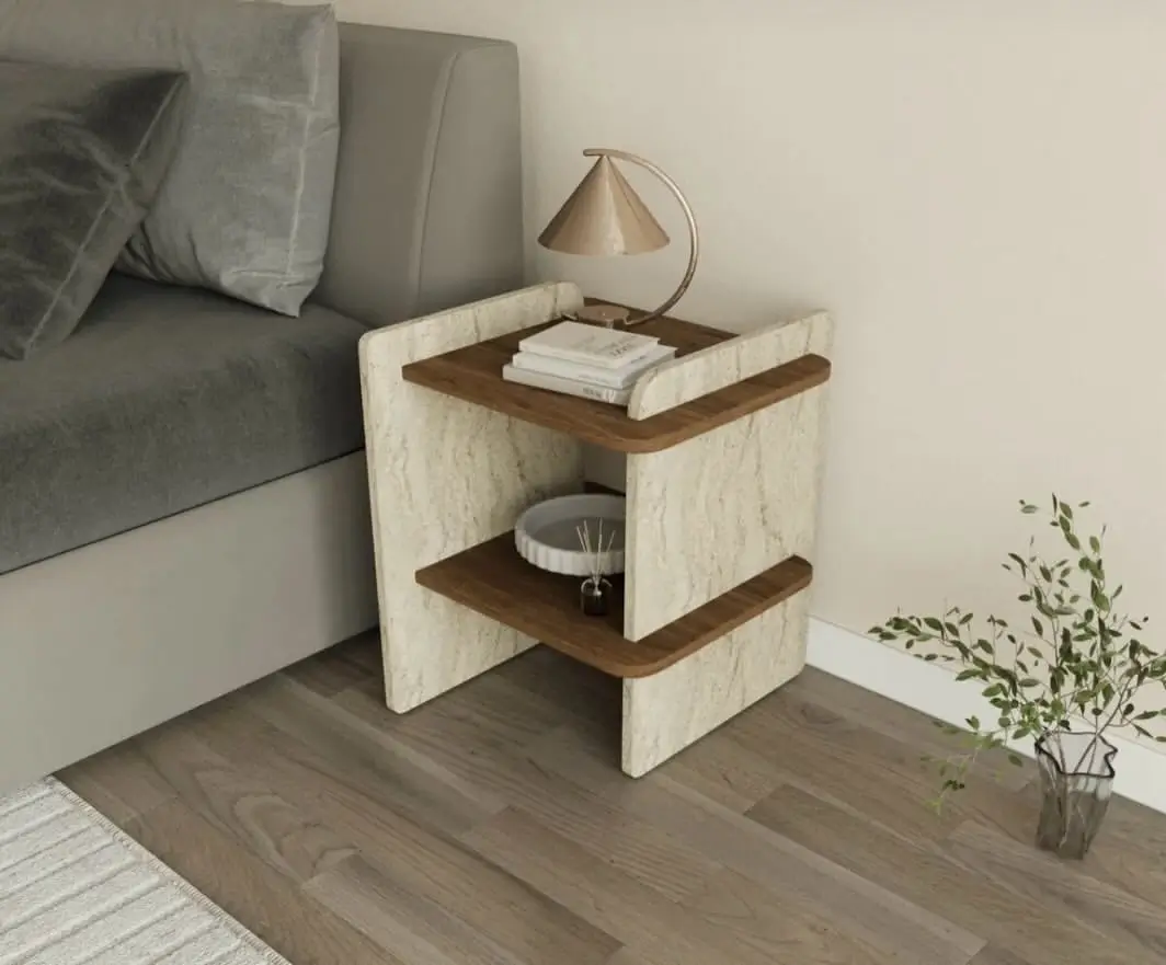 Brown open-shelf bedside table with light shelves, raised side panels and rounded front corners