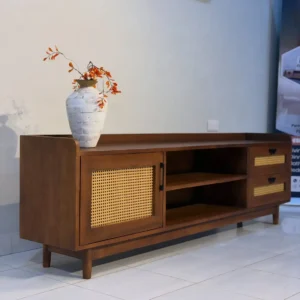 Brown media console with woven front panel, drawers and open shelving