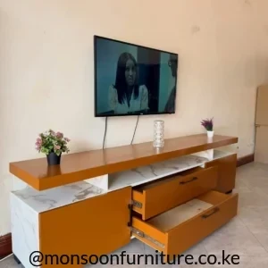 Caramel brown living room TV cabinet with white marble-look shelves, two drawers and side storage