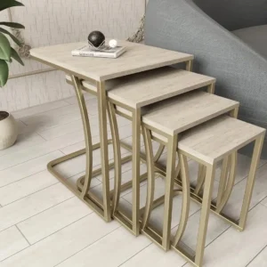 Four nesting console and sofa tables with light wood-look rectangular tops and gold-tone frames