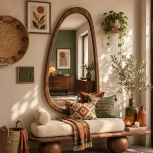 Cream textured curved bench with brown sculptural base and tall organic-shaped framed mirror in a warm neutral interior