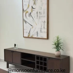 Dark brown media console with three cabinet doors, two open shelves, nine grid cubbies and raised straight legs.