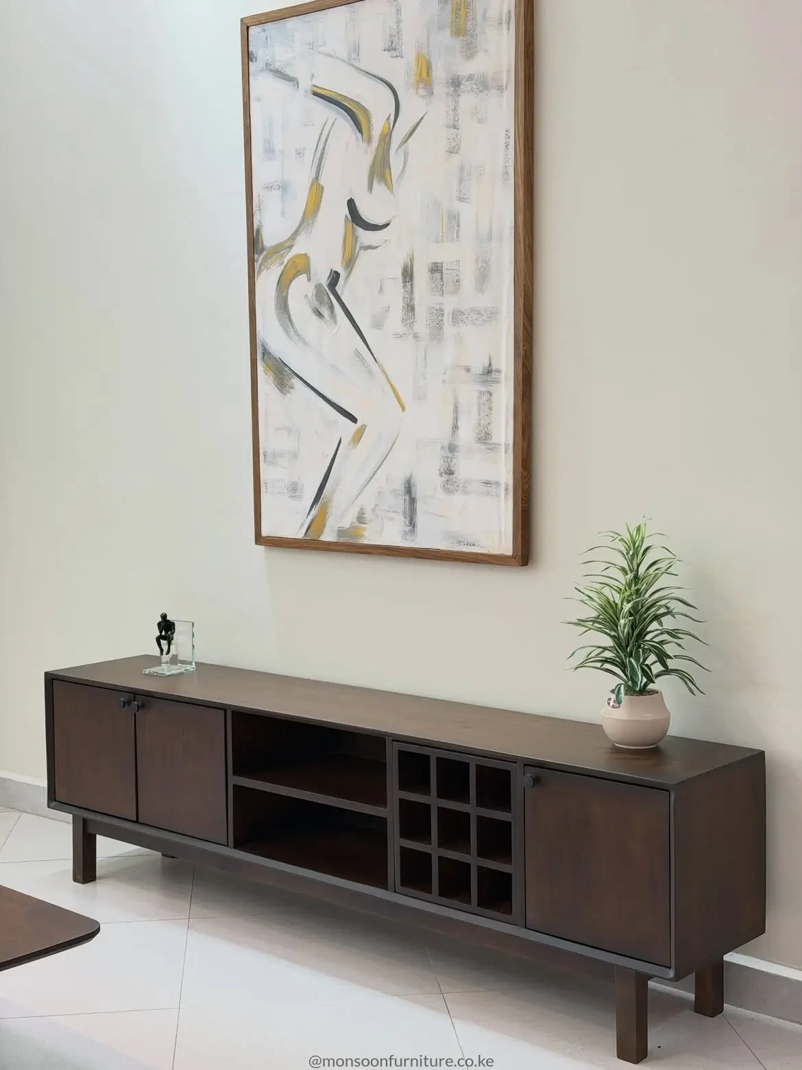 Dark brown media console with three cabinet doors, two open shelves, nine grid cubbies and raised straight legs.