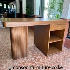 Wood-grain fluted office desk with one drawer, two open shelves and a rounded vertical ribbed support