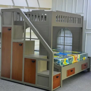 Grey double decker bed with storage staircase, wood-tone cabinet fronts and lower storage drawers in Kenya
