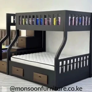 Dark kids double deck bed with integrated study desk, shelves and drawers
