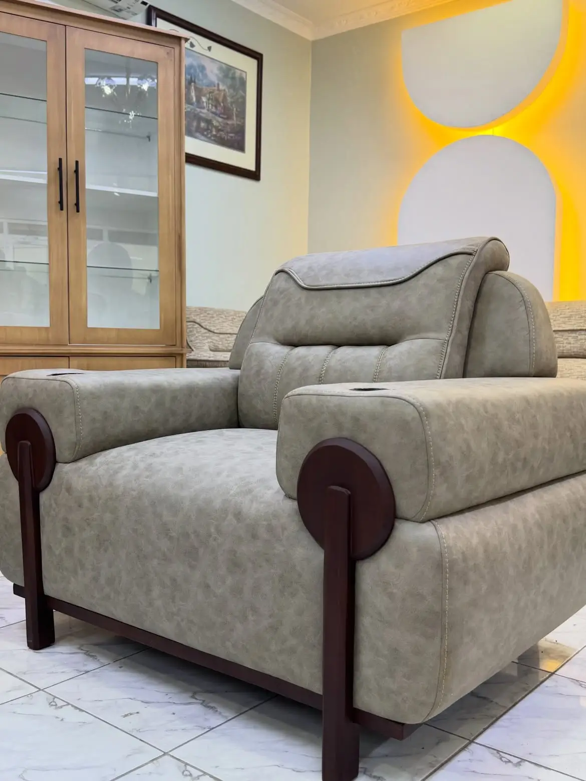 Light Grey 5 Seater Sofa with Wood-Accent Arms Kenya - Image 2