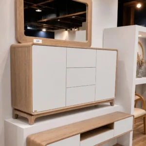 Light wood-tone and white TV cabinet with rounded corners, closed storage and central open shelf