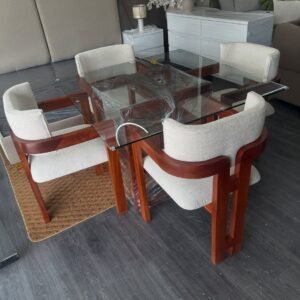 Mahogany-finish 4 seater dining set with clear glass tabletop and four light upholstered chairs in Kenya