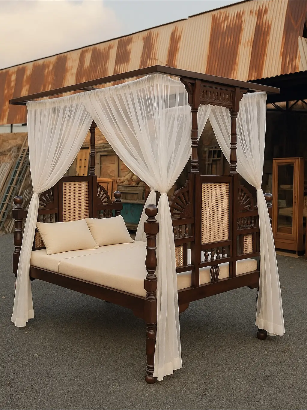 Mahogany four poster 6×6 bed with dark wood frame, carved panels, cane inserts and white sheer canopy drapes in Kenya