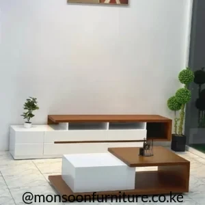 Brown and white Mninga top TV showcase with matching rectangular coffee table in a living room