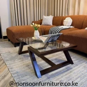 Modern rectangular glass top coffee table with walnut wood frame Kenya