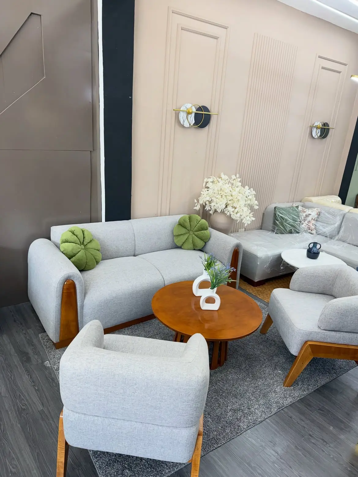 Modern Grey 3 Seater Sofa with Wood Accent Sides Kenya - Image 2