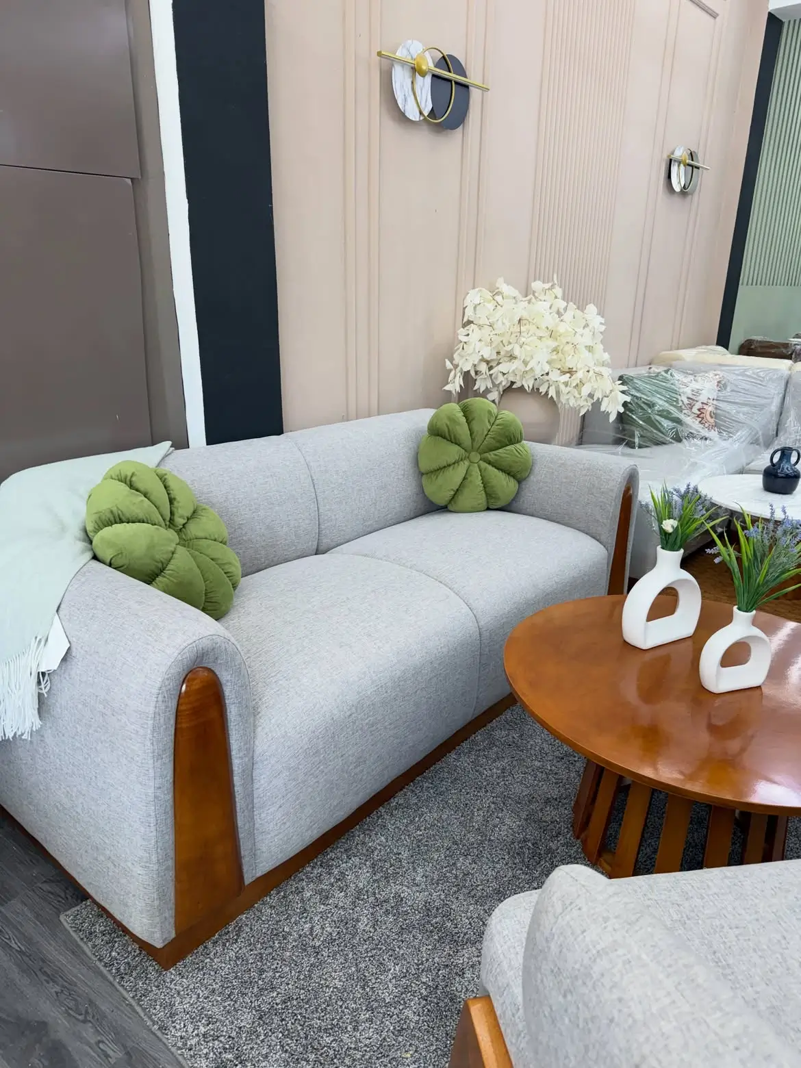 Modern Grey 3 Seater Sofa with Wood Accent Sides Kenya - Image 3
