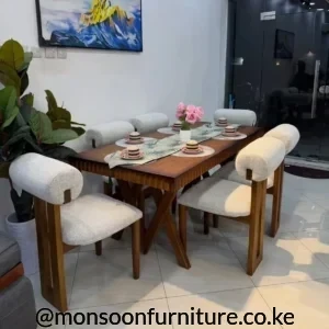 Modern walnut 6 seater sculptural dining set with upholstered barrel-back chairs in Kenya