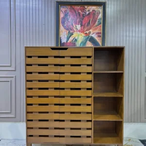Tall brown multi-drawer storage cabinet with shallow drawers, four open side compartments and raised legs