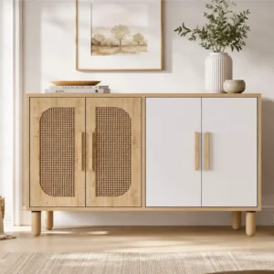 Natural rattan-style storage console cabinet with four woven-look doors, vertical handles and raised legs