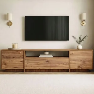 Natural wood TV storage console with side cabinets and central open shelf beneath a wall-mounted television