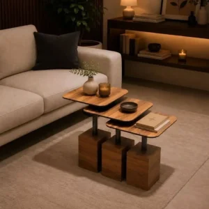 3-piece stepped nested coffee table set with warm wood-look tops, dark supports and block pedestal bases