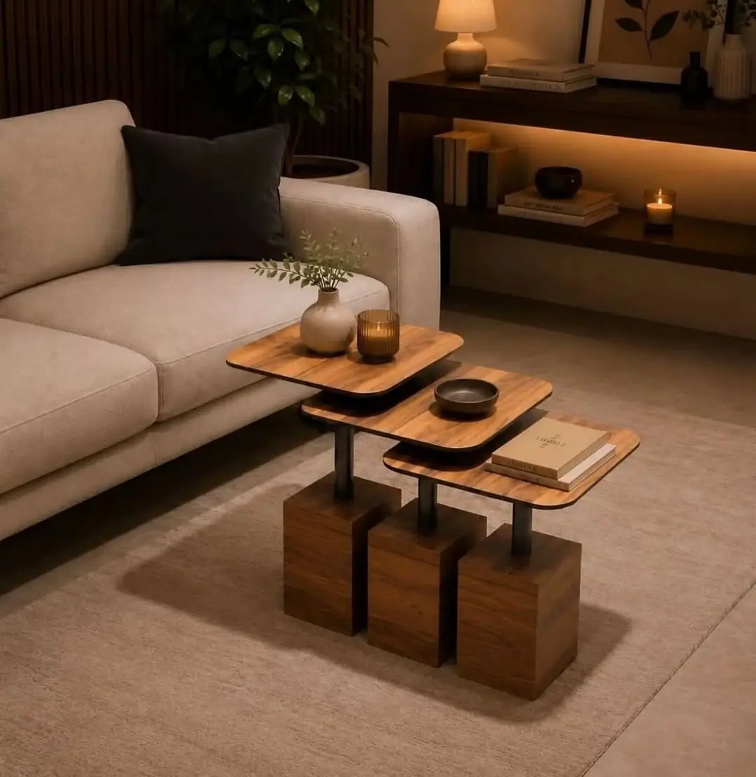 3-piece stepped nested coffee table set with warm wood-look tops, dark supports and block pedestal bases