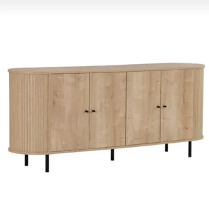 Oak wood storage console with four cabinet doors, rounded fluted sides, dark handles and slim dark legs
