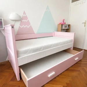 Pink kids bed with 80×190 cm top sleeping area and pull-out 80×180 cm lower bed