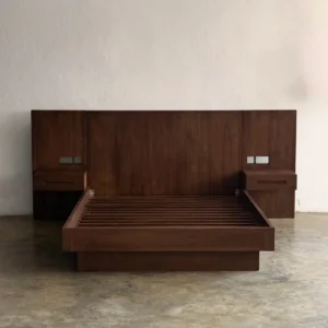 Dark wood 6×6 Porsche bed with broad paneled headboard and two side drawers