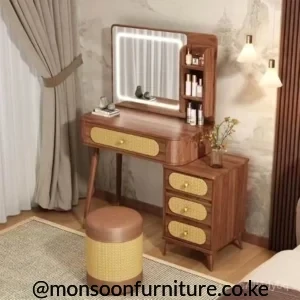 Rattan-front dressing table with illuminated mirror, side shelves, three-drawer cabinet and matching round stool