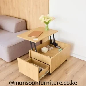 Light wood-grain lift-top coffee table with raised top, concealed storage compartment and open pull-out drawer