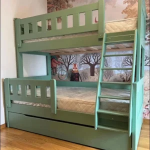 Sage green twin-level bed with front ladder, upper guard rails and pull-out compartment beneath the lower bed