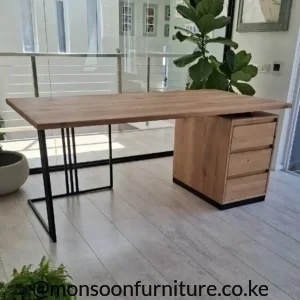 Wood-grain Samantha study desk with three right-side drawers and a slim black open-frame support in a bright workspace