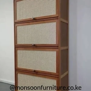 Tall brown shoe storage cabinet with four light woven front panels and round pulls