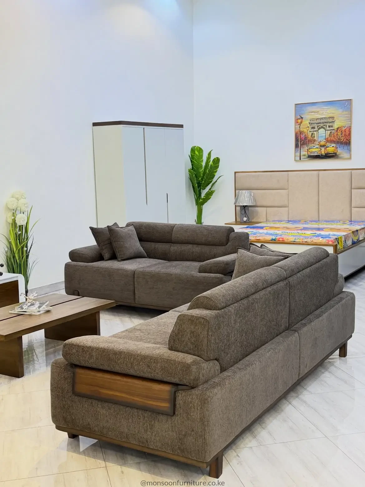Taupe 3-2-1-1 Wood-Accent 7-Seater Sofa Set Kenya - Image 3