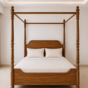 Teak four poster bed with tall turned wooden posts, canopy rails, shaped headboard and warm brown finish