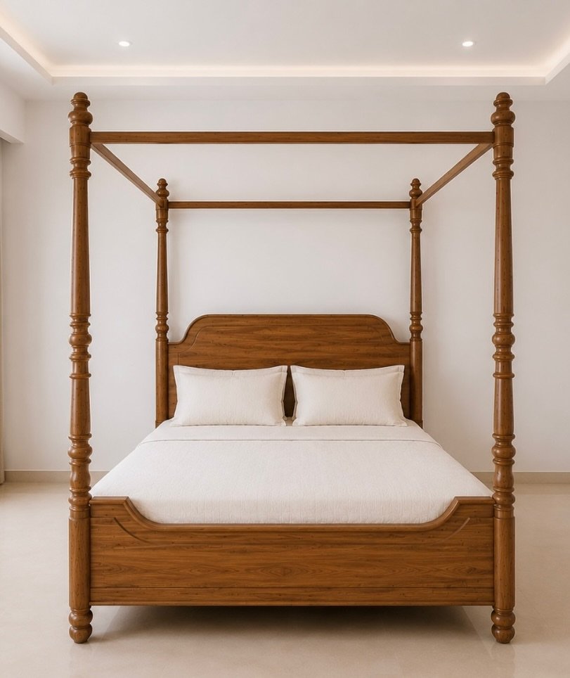 Teak four poster bed with tall turned wooden posts, canopy rails, shaped headboard and warm brown finish