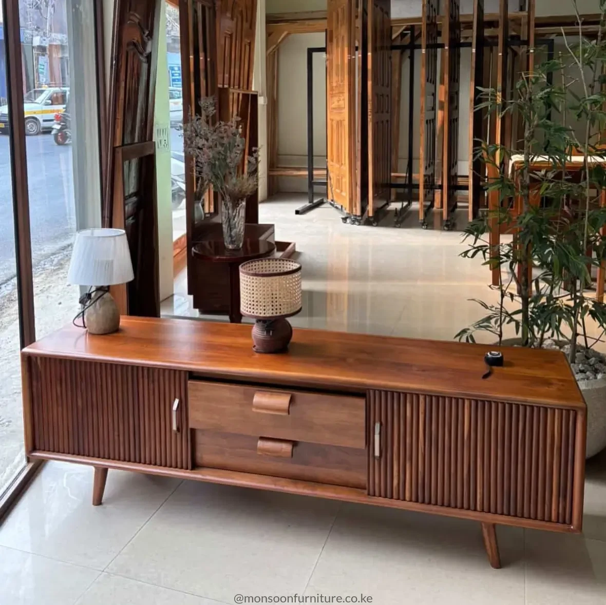 Teak TV Stand Kenya – Fluted Doors & 2 Drawers - Image 3