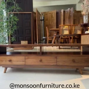 150cm teak TV stand with three drawers, long open shelf, rounded edges and raised wooden legs