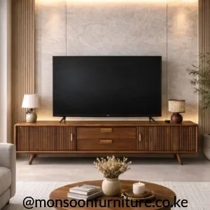 Solid teak TV stand with two centre drawers, fluted side doors, rounded corners and angled wooden legs.