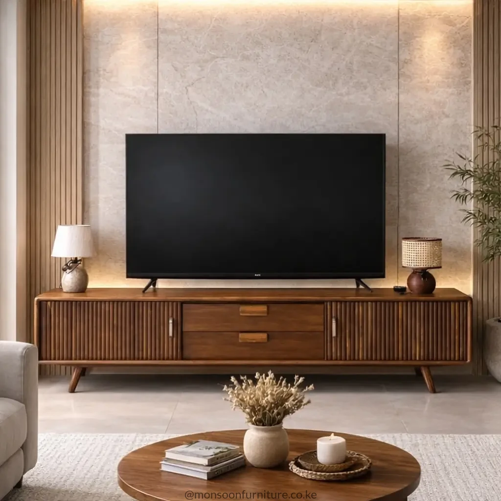 Solid teak TV stand with two centre drawers, fluted side doors, rounded corners and angled wooden legs.