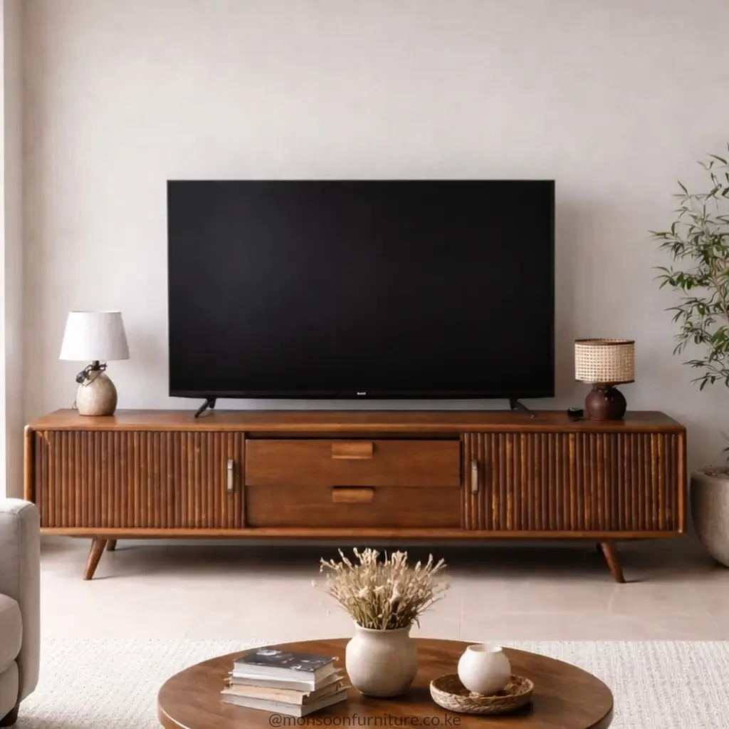 Teak TV Stand Kenya – Fluted Doors & 2 Drawers - Image 2