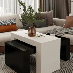 Three-piece nested coffee table set with a white rectangular outer table and two dark brown wood-look tables