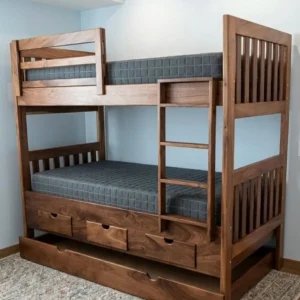Walnut-finish 4×6 double decker bed with ladder, upper guard rails and under-bed storage in Kenya