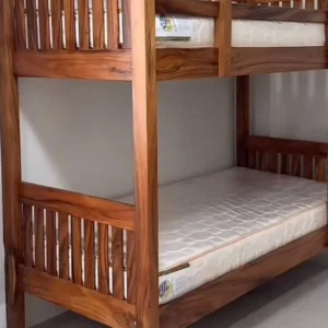 Walnut-toned wooden 3×6 double decker bed with slatted ends and raised upper rails